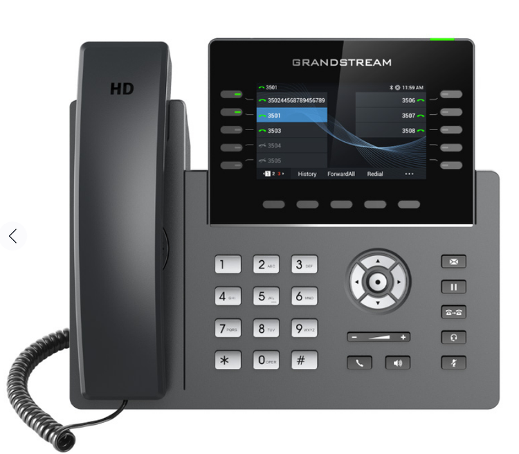 تلفن تحت شبکه گرند استریم GRP2615 Grandstream GRP2615 IP Phone مهمترین ویژگی ها پشتیبانی از 16 اکانت SIP کیفیت صدای HD با فناوری کاهش نویز صفحه نمایش رنگی 4.3 اینچی پشتیبانی از فناوری PoE دارای 2 پورت گیگ با قابلیت اتصال به هدست